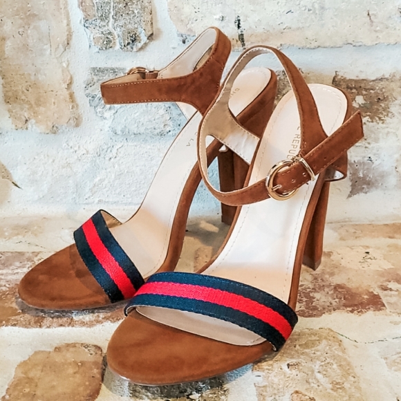 Shoe Republic LA Shoes - Shoe Republic LA Tan Navy Red Block Heels